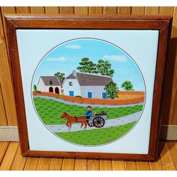 Farmer w/ Turkey in Wagon Design 7"  LAPLAU Ceramic on Wood Trivet Decor Plate - Picture 1 of 6